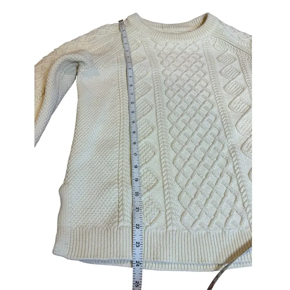 J. Crew Women's Ivory Cream Fisherman Sweater MEDIUM Cotton Cable Knit Crew Neck